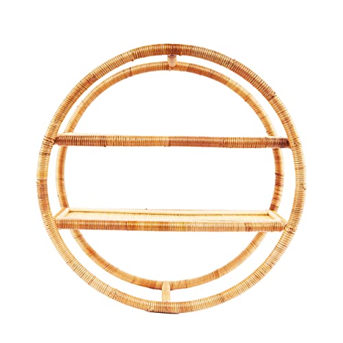 T'Furni Rattan Round and Horizontal Stripes Wall Shelf for Living Room Kitchen Wall Decor - Natural Rattan Floating Shelves - Natural Hanging Book - Wall Shelves with Storage