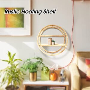 T'Furni Rattan Round and Horizontal Stripes Wall Shelf for Living Room Kitchen Wall Decor - Natural Rattan Floating Shelves - Natural Hanging Book - Wall Shelves with Storage