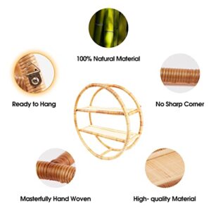 T'Furni Rattan Round and Horizontal Stripes Wall Shelf for Living Room Kitchen Wall Decor - Natural Rattan Floating Shelves - Natural Hanging Book - Wall Shelves with Storage