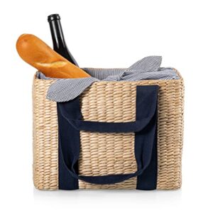 picnic time – parisian picnic basket – seagrass picnic basket, (beige with navy blue accents)