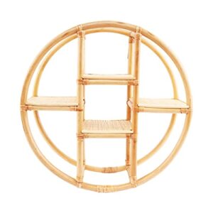 t’furni rattan round and square striped wall shelf for living room kitchen wall decor – natural rattan floating shelves – natural hanging book – wall shelves with storage