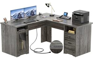 unikito l shaped desk with drawers, 60 inch corner computer desks with usb charging port and power outlet, large l-shaped office table, 2 person home office desk with file cabinet, black oak