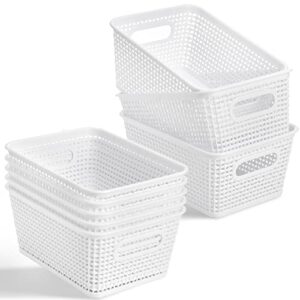 nicunom 8 pack plastic storage baskets, 8.6″x6.5″x3.9″ household organizers with handles small pantry organizer basket bins for shelf, countertops, desktops (white)