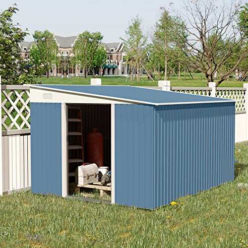 Outsunny 11' x 9' Steel Garden Storage Shed Outdoor Metal Lean to Tool House with Double Sliding Lockable Doors & 2 Air Vents, Blue
