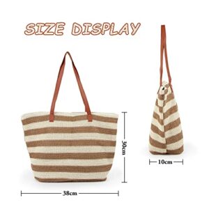 Oweisong Women Straw Beach Bags Tote Large Summer Stripe Woven Handbag Hobo Handmade Straw Shoulder Purse with Zipper