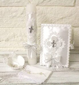 elegant handmade 5 piece silver cross embroider lace baptism christening shells candle set favors girl boy white set de bautizo espanol nina nino baptism communion lace gift box