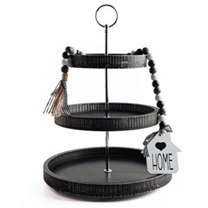 farmhouse tiered tray – 3 tier tray for serving, display & kitchen decor – round three tier decorative rustic wooden stand – optional 2 tier design – black wood accent piece for table & countertop