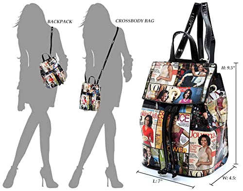 Michelle Obama Magazine Cover Collage Convertible Backpack Crossbody Bag Womens Fashion Purse Obama Satchel Bag (#A-Multi/Black)