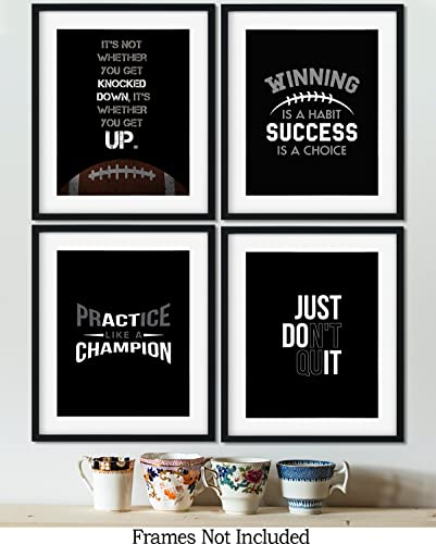 Govivo Inspirational Football Quote Wall Art - Set of 4 Motivational Football Prints - Football Room Decor - Football Wall Art for Boys Bedroom, Locker Room, or Coach Gift - 8x10 unframed prints