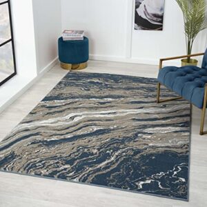 radiant homes and rugs luxury waves blue modern abstract easy-cleaning living room bedroom entryway dining home office area rug 2′ x 3′, blue/silver