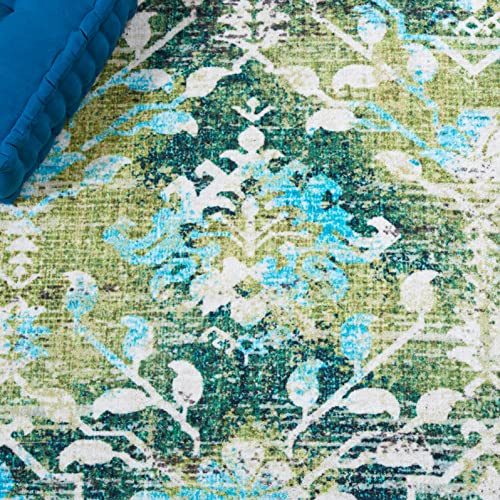 SAFAVIEH Riviera Collection Machine Washable Slip Resistant 8' x 10' Green/Light Blue RIV117Y Boho Floral Distressed Living Room Dining Bedroom Area Rug