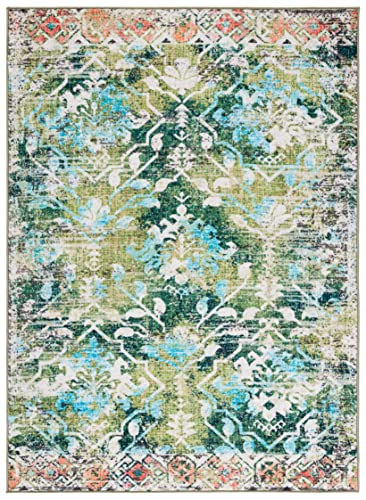 SAFAVIEH Riviera Collection Machine Washable Slip Resistant 8' x 10' Green/Light Blue RIV117Y Boho Floral Distressed Living Room Dining Bedroom Area Rug