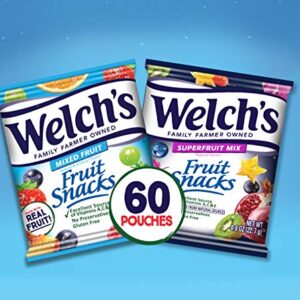 Welch's Fruit Snacks, Mixed Fruit & Superfruit Bulk Variety Pack, Gluten Free, 0.8 oz Individual Single Serve Bags (Pack of 60)