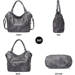 FOXLOVER Hobo Bags for Women Leather Crossbody Shoulder Bags Ladies Large Tote Purse (Grey)