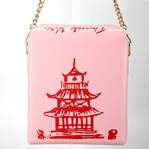 Ondeam Tower Print Crossbody Shoulder Bag,Pu Chinese Takeout Box Totes Purse for Women(Pink)