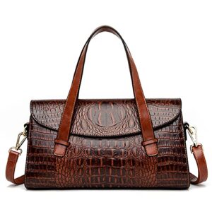 chikencall women handbag crocodile pattern leather top-handle bag flap shoulder bag crossbody purse satchel for work shopper travel brown