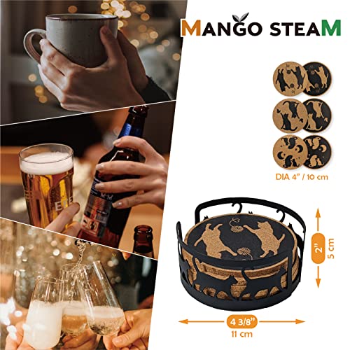 Mango Steam Set of Six Cat Cork Coasters with Decorative Cork Holder, Black