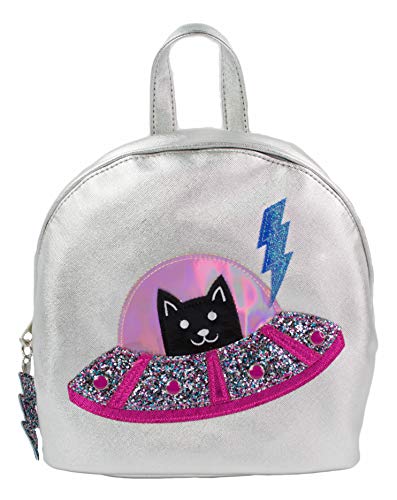 Rising Phoenix Industries Faux Leather Metallic Silver Backpack Purse Bag with Fun Kitty Cat in Spaceship Design for Women (Silver)