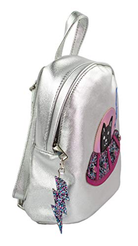 Rising Phoenix Industries Faux Leather Metallic Silver Backpack Purse Bag with Fun Kitty Cat in Spaceship Design for Women (Silver)