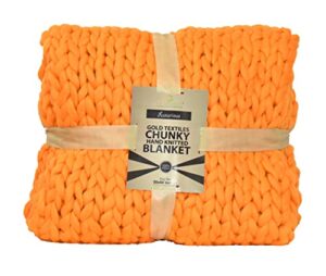 gold textiles chunky knit blanket ( 50 x 60 inches) warm soft cozy for lounge sofa & bedroom, handmade knitted yarn throw blanket (orange, 1)