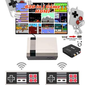 risemitel classic retro game console with 620 video games and 2 classic wireless controllers, rca and hdmi hd output, plug and play, an ideal gift for kids and adults.