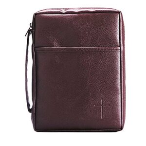 burgundy embossed cross with front pocket leather look bible cover with handle, x-large