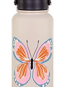 Kate Spade New York Extra Large Insulated Water Bottle, 33 Ounce Stainless Steel Water Bottle with Handle, Double Wall Metal Tumbler with Lid, Garden Butterfly