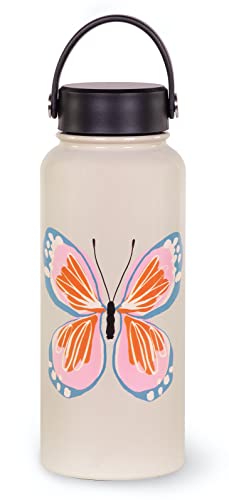 Kate Spade New York Extra Large Insulated Water Bottle, 33 Ounce Stainless Steel Water Bottle with Handle, Double Wall Metal Tumbler with Lid, Garden Butterfly