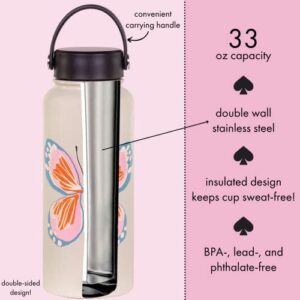 Kate Spade New York Extra Large Insulated Water Bottle, 33 Ounce Stainless Steel Water Bottle with Handle, Double Wall Metal Tumbler with Lid, Garden Butterfly