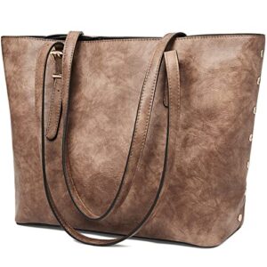 foxlover vegan leather tote bags for women large capacity shoulder bags vintage satchel handbag purse (brown)