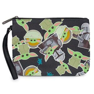 buckle down star wars wallet, single pocket wristlet, the mandalorian the child and frog icons navy, vegan leather