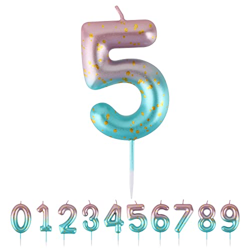 Birthday Candles Number 5 Pink to Green Gradient 3th Happy Birthday Number Candle Cake Topper, Cake Numbers Candles for Birthday Party Anniversary Decorations No 50 51 53 55 57 58 59 (5, Pink Green)