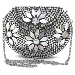 Trend Overseas Silver metal Beaded Ethnic purse Girls Bridal Bag cross body bag for women/Girl party clutch Metal clutches Vintage Brass