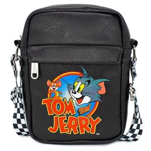 buckle down hanna barbera bag, cross body, with tom and jerry logo pose, black, vegan leather