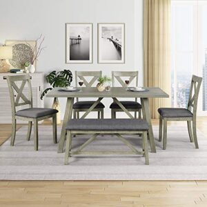 glorhome 6 pieces 5 family dining set for 6 farmhouse rustic style rectangular wood table and padded 4 chairs 1 bench for kitchen, gray