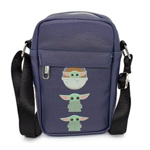 buckle down star wars bag, cross body, the mandalorian, the child, baby yoda carriage pod poses navy, vegan leather