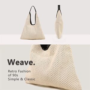 Hobo Shoulder Bags Woven Tote Bag Minimalist Trendy Purse Casual Shopping Handbags Slouchy Straw bag for Women(white-1)