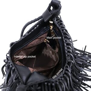 YOUNXSL Tassle Shoulder Bags for Women PU Leather Handbag Bohemia Satchel Zipper Crossbody Bag Purse Black