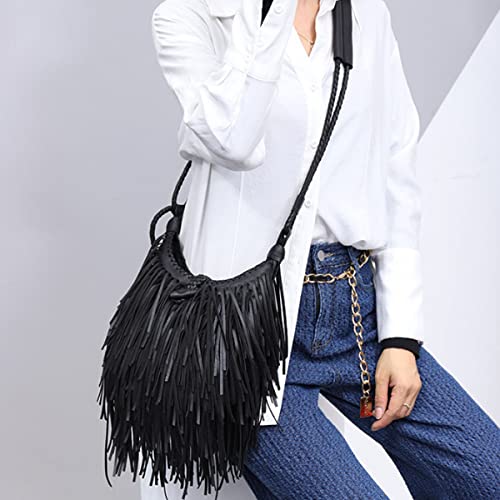 YOUNXSL Tassle Shoulder Bags for Women PU Leather Handbag Bohemia Satchel Zipper Crossbody Bag Purse Black