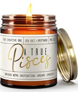 pisces gifts for women, zodiac gifts – a true pisces soy zodiac candle, w/ sea salt & driftwood i astrology gifts for women i 9oz reusable amber glass jar, 50 hr burn time, made in usa