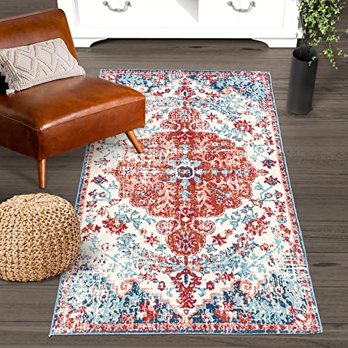 EARTHALL Boho Rug 3x5 Washable Persian Distressed Tribal Entry Throw Area Rug Faux Wool Soft Fuzzy Kitchen Rugs Non-Slip Low-Pile Indoor Accent Rug for Dining Table Living Room