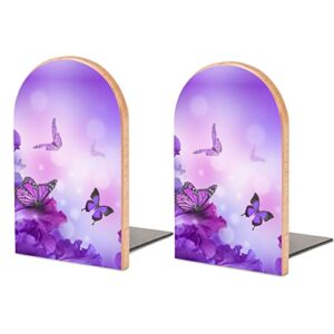 hon-lally butterfly on purple flowers pattern wood bookends decorative bookend non-skid office book stand for books office files magazine