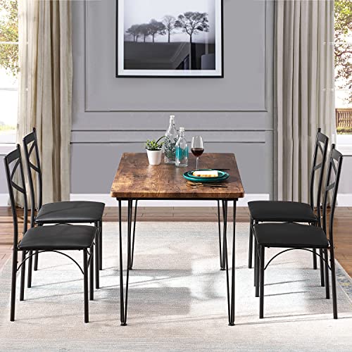 VECELO 5-Piece Indoor Modern Rectangular Dining Table Set for Kitchen, Dinette, Breakfast Nook, 4, Dark Brown