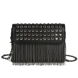 wiguyun faux leather fringed shoulder handbag rivets flap cross-body bag chain hobo purse black