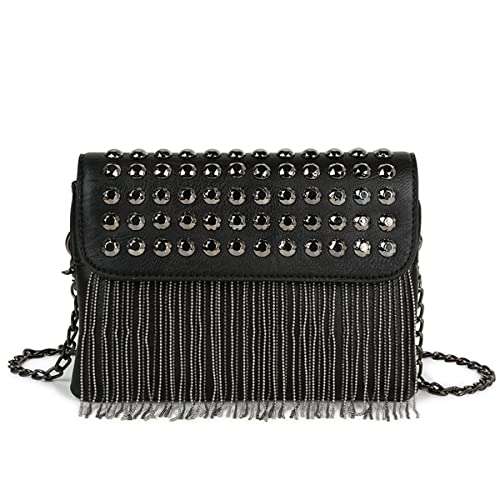 WIGUYUN Faux Leather Fringed Shoulder Handbag Rivets Flap Cross-body Bag Chain Hobo Purse Black