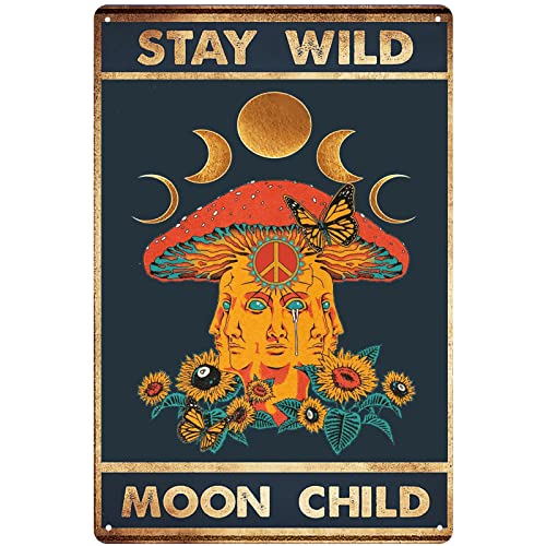 SGYJW Hippie Tin Sign Retro Sunflower Funny Mushroom Anti War Sign Stay Wild Moon Child Flower Child Metal Poster 8x12 Inch Iron Painting Plaque Wall Decor for Bedroom Bathroom Bar Living Room Wall Decor