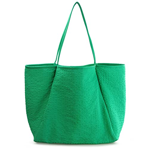 Lightweight Tote Womens Seersucker Shoulder Handbag Foldable Carryall Bag (Green)