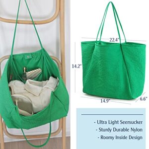 Lightweight Tote Womens Seersucker Shoulder Handbag Foldable Carryall Bag (Green)