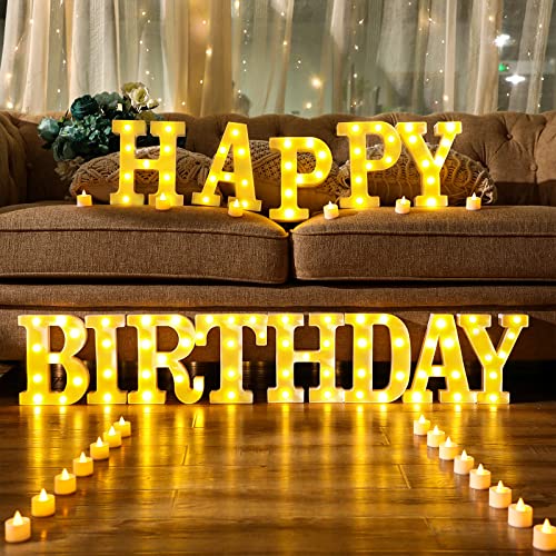 Coume 155 Bulbs Happy Birthday Marquee Light up Letters with 24 Pcs Flameless Votive Candles, White Sign Decoration Led Battery Operated Candle Tea Lights for Christmas Wedding Decor