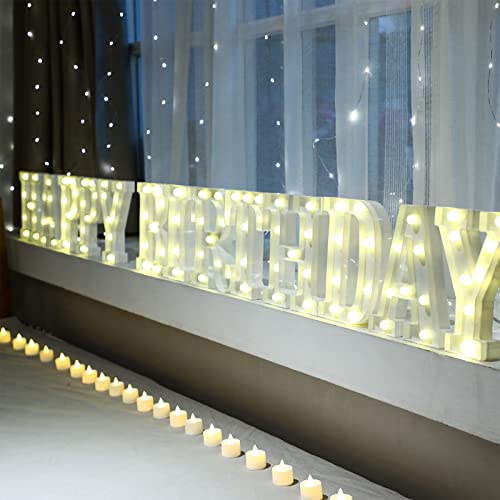 Coume 155 Bulbs Happy Birthday Marquee Light up Letters with 24 Pcs Flameless Votive Candles, White Sign Decoration Led Battery Operated Candle Tea Lights for Christmas Wedding Decor